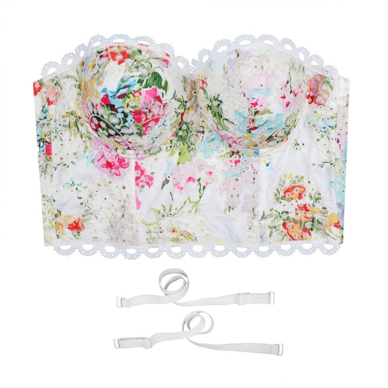 ELLACCI Women's Embroidery Floral Hollow Lace Bustier Crop Top Sexy Corset Bra Tops White Medium - Image 4